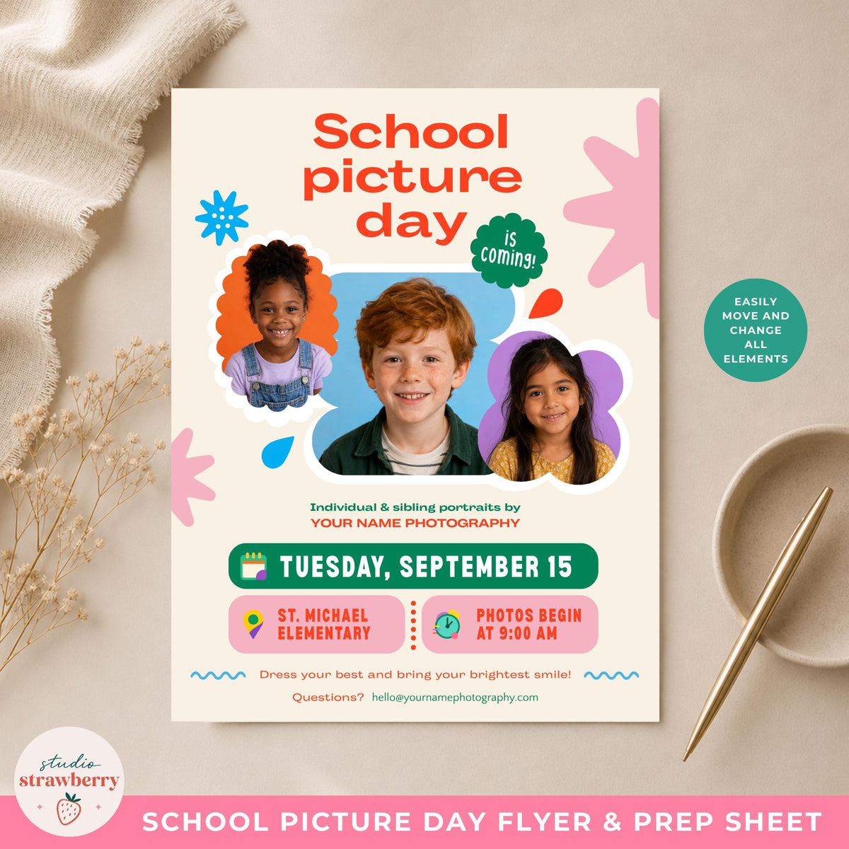 School picture flyer Canva template displayed in a clean flat lay with customizable design elements for school photographers.