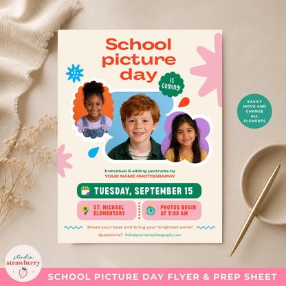 School picture flyer Canva template displayed in a clean flat lay with customizable design elements for school photographers.