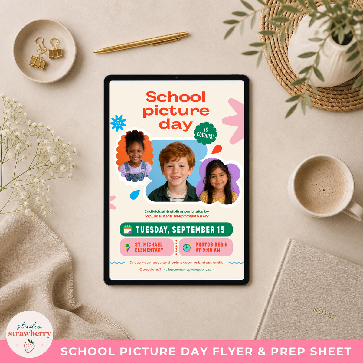 School photo day flyer template displayed on a tablet to show how the picture day announcement can also be shared digitally.