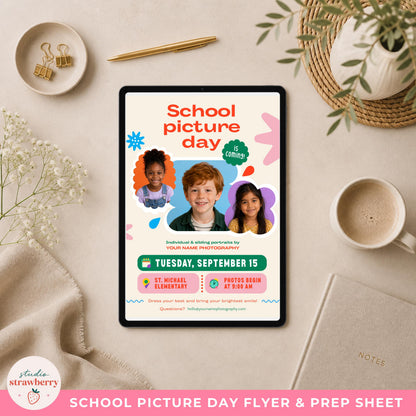School photo day flyer template displayed on a tablet to show how the picture day announcement can also be shared digitally.