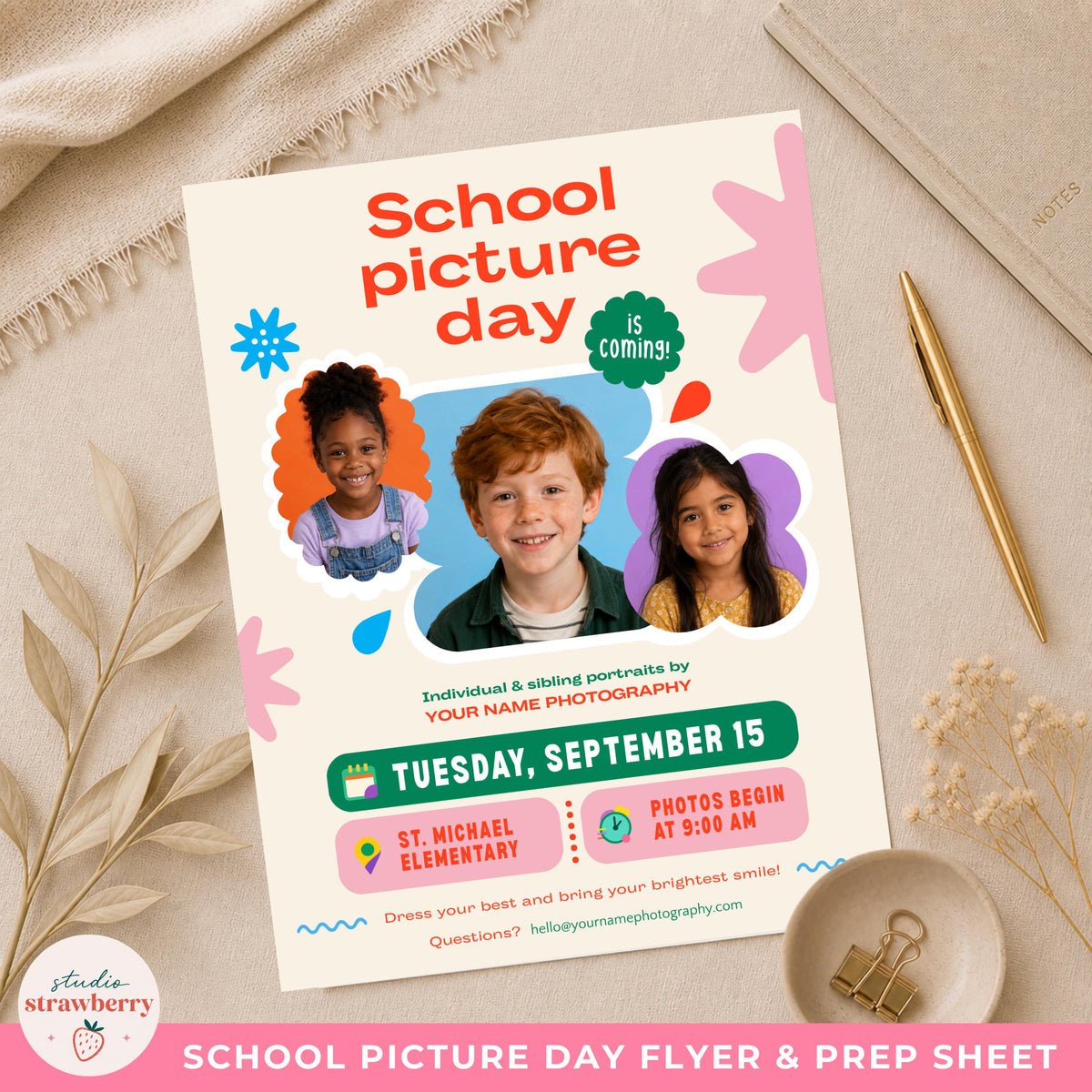 Editable school picture day flyer shown in a warm desktop mockup with colorful student photo frames and customizable event information.