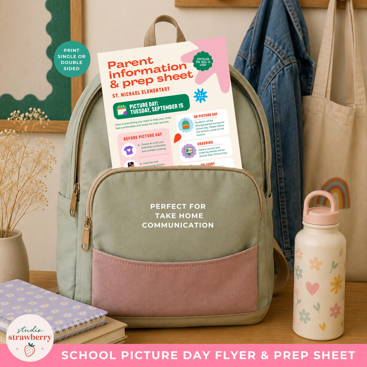 School photography parent guide tucked into a backpack to show how the prep sheet can be sent home with students.
