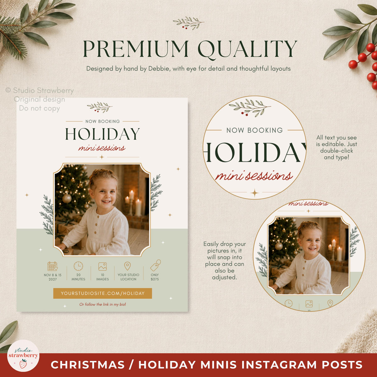 Close-up of a holiday mini session Instagram template showing editable typography, photo placement and seasonal design details.