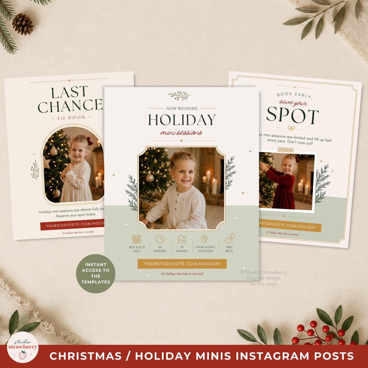 Christmas Instagram template for photographers displayed on a phone to show how the finished design looks on social media.