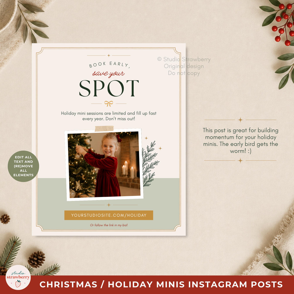 Holiday photography marketing template showing a coordinated promotional post photographers can personalize for seasonal sessions.
