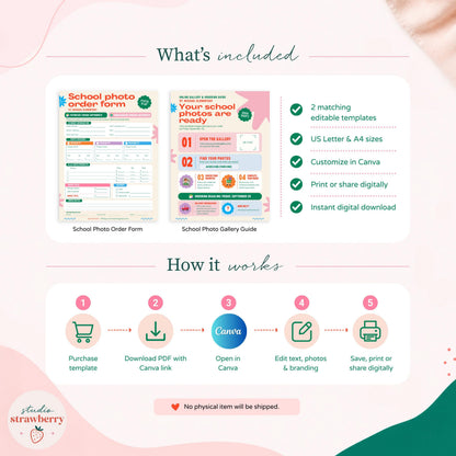 Overview of two matching school photography templates with US Letter and A4 sizes and a simple beginner-friendly Canva editing process.