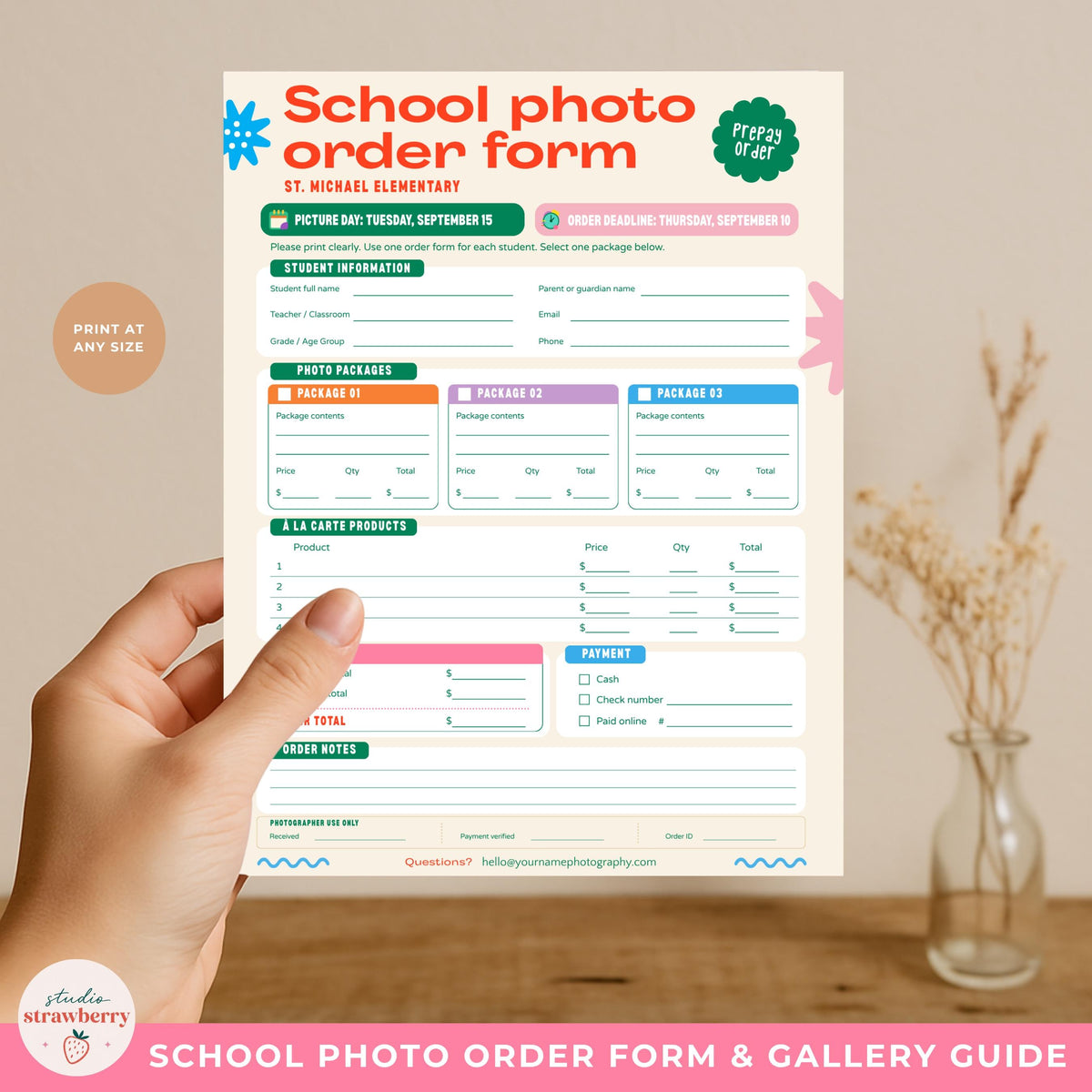 School photo online gallery instructions template with space for a gallery link, QR code, access information and ordering steps.