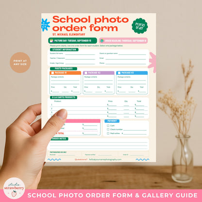 School photo online gallery instructions template with space for a gallery link, QR code, access information and ordering steps.