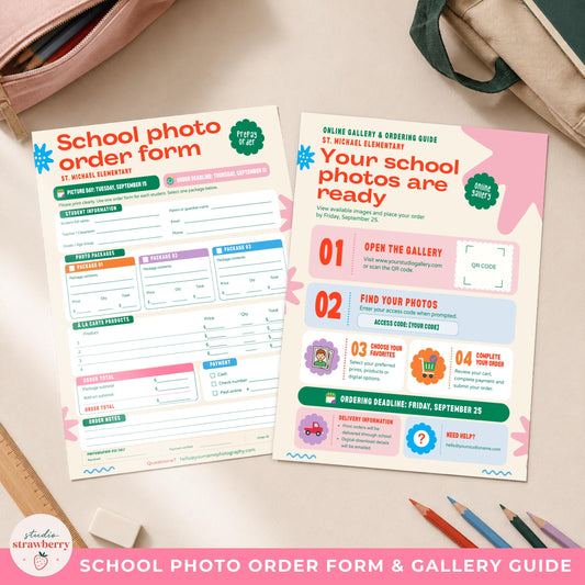Two matching school photography templates on a desktop, including a school photo order form template and online gallery ordering guide.