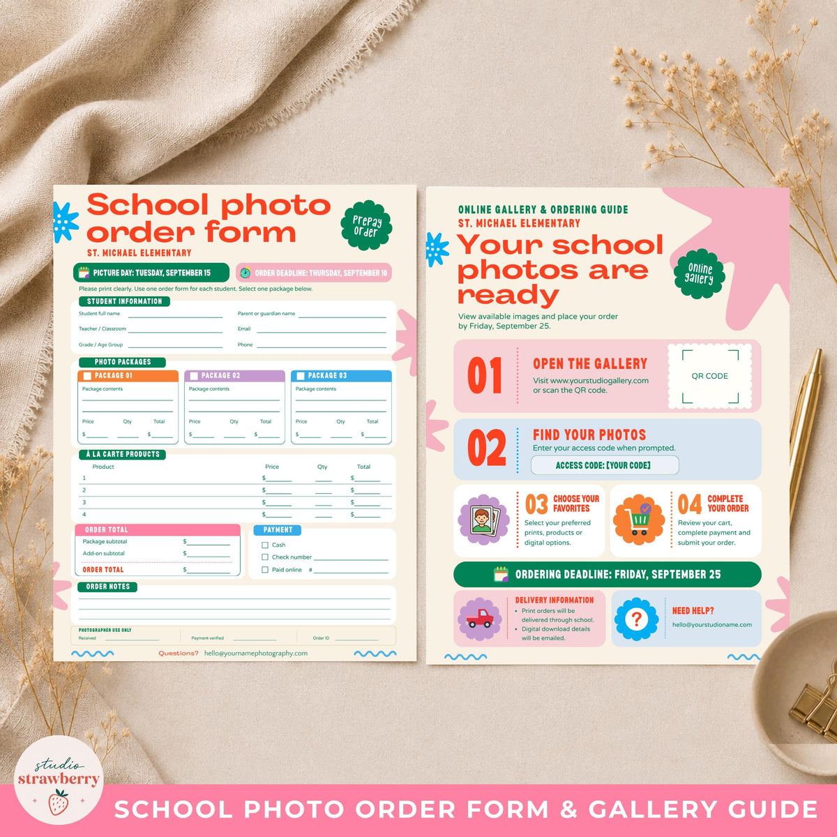 Matching school photography order form template and gallery guide displayed side by side for school photographers.