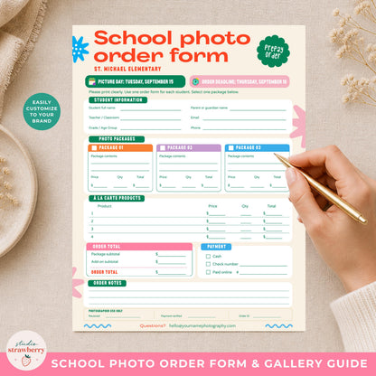 Editable school photo order form displayed on a neutral desk with a hand holding a pen, designed for simple Canva customization.