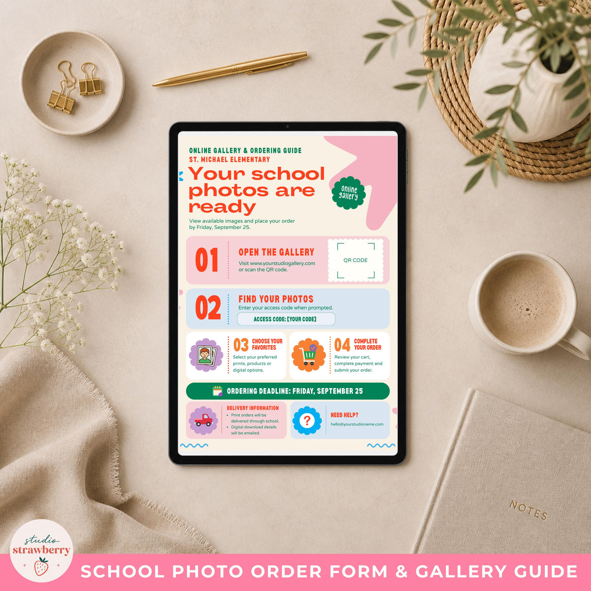 Close-up of a school photo package order form with editable areas for packages, pricing, customer information, payment and notes.