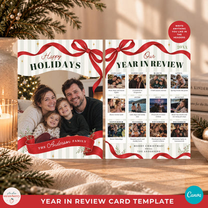 Printable year in review card shown in a warm Christmas mockup with family photos and festive ribbon artwork.