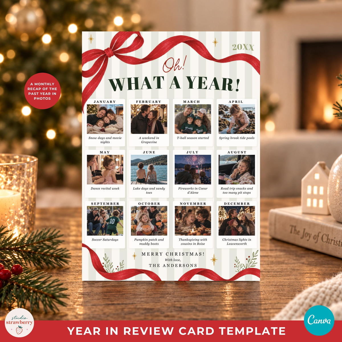 Year in review Christmas card template showing twelve monthly family photo memories on the back.