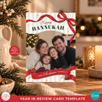 Editable family Christmas card template with Happy Hannukah option.