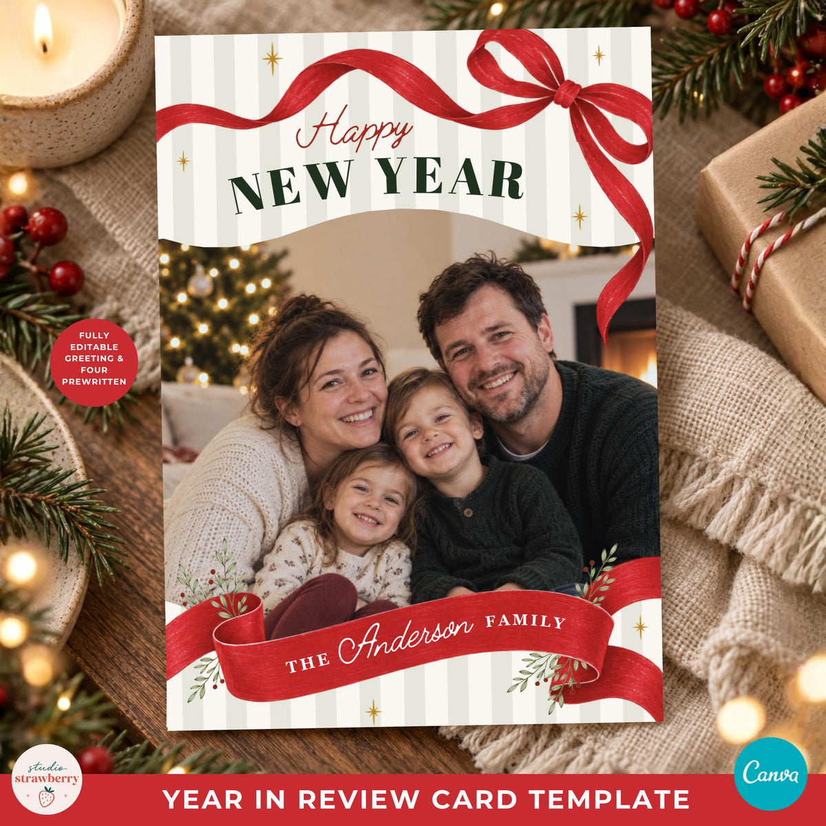 Two back designs included with this double sided Christmas card template, including monthly recap and photo highlights layouts.