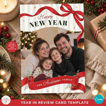 Two back designs included with this double sided Christmas card template, including monthly recap and photo highlights layouts.