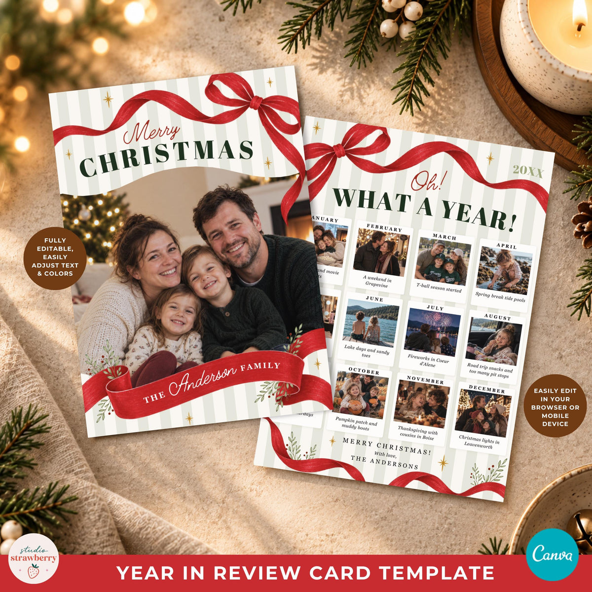 What a Year Christmas card template with editable family photo front and year in review back in a warm holiday mockup.