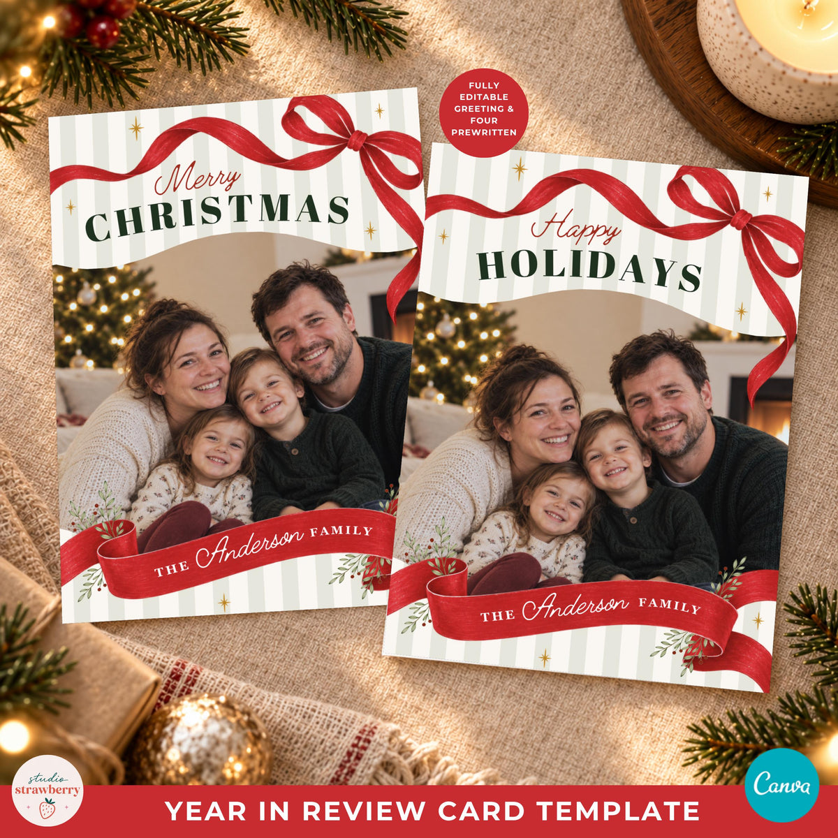 Year in review photo collage card with an alternative highlights layout for family photos and a personal message.
