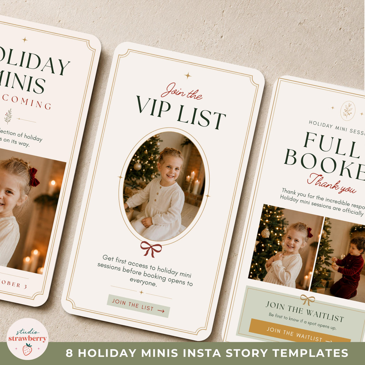 Close up of Christmas photography marketing Canva templates with holiday announcement, VIP list and waitlist layouts.