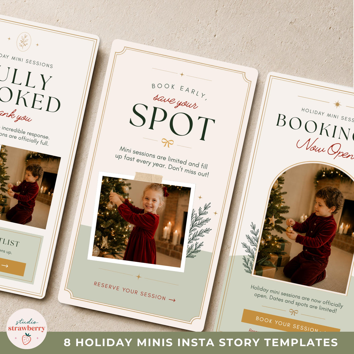 Close up of an editable holiday mini session Canva template for photographers with customizable typography, colors and photo areas.