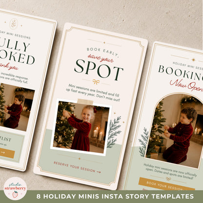 Close up of an editable holiday mini session Canva template for photographers with customizable typography, colors and photo areas.