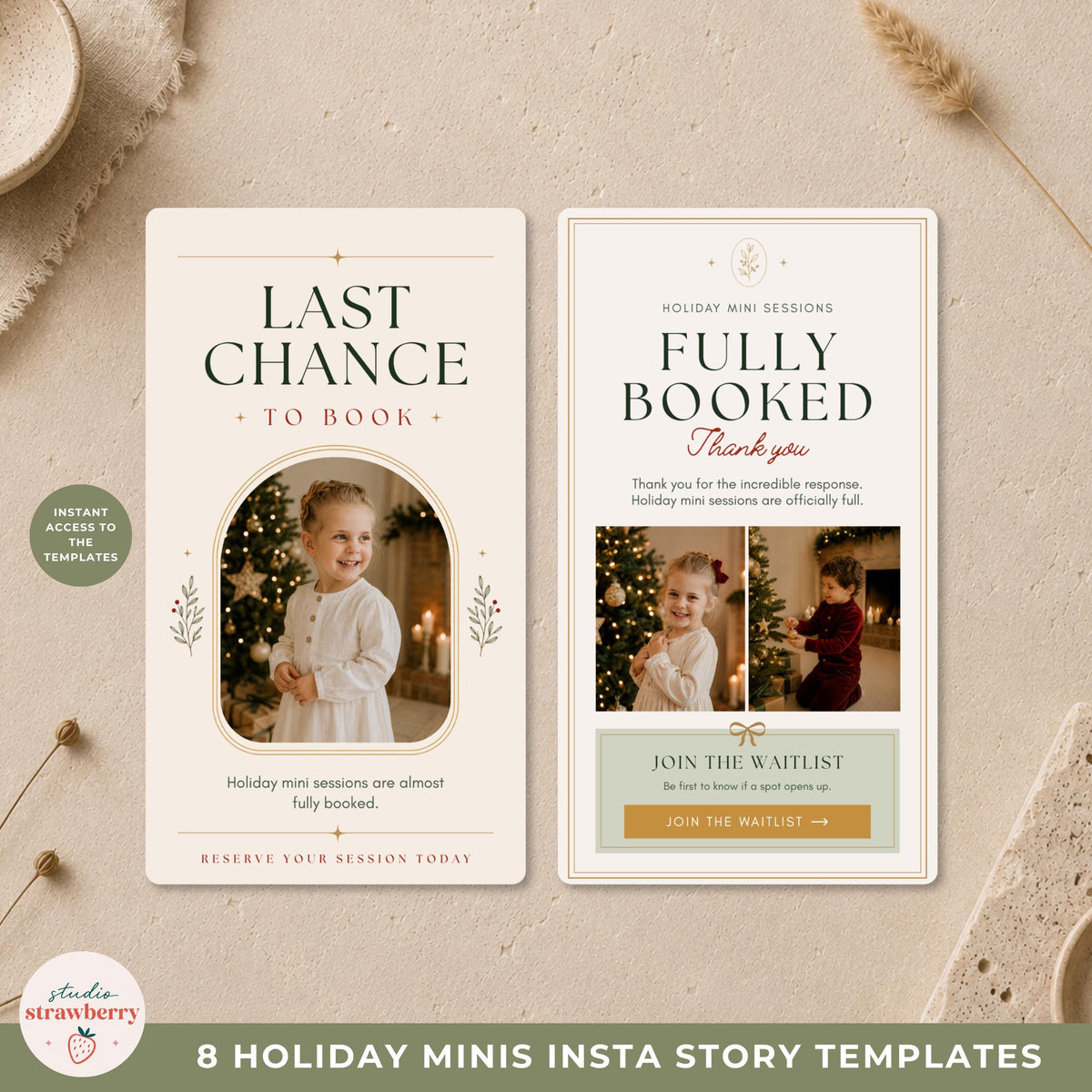 Holiday photography Instagram story templates showing a last chance booking reminder and fully booked waitlist design.