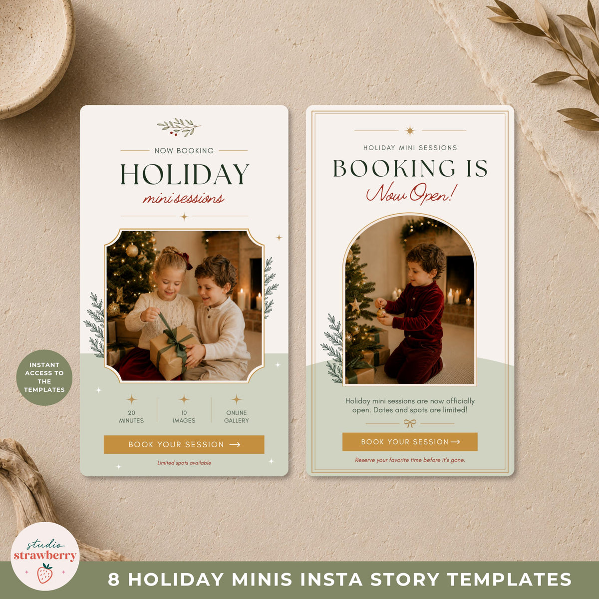 Christmas mini session social media templates with two coordinated booking announcement designs in cream, green and gold.