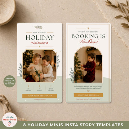 Christmas mini session social media templates with two coordinated booking announcement designs in cream, green and gold.