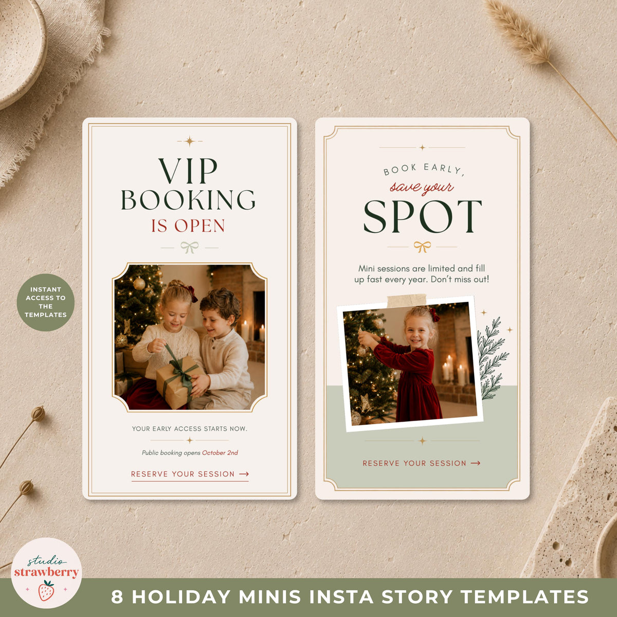Holiday mini session Canva templates showing VIP booking and early booking promotion layouts for photographers.