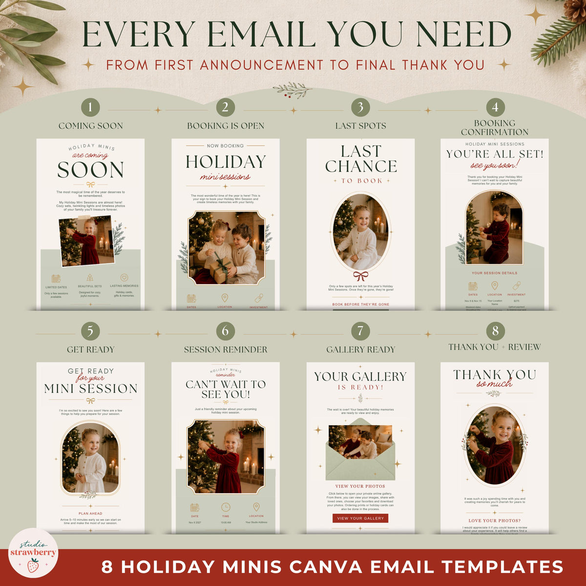 Complete set of Christmas mini session email templates covering the photographer's client journey from announcement to final thank you.