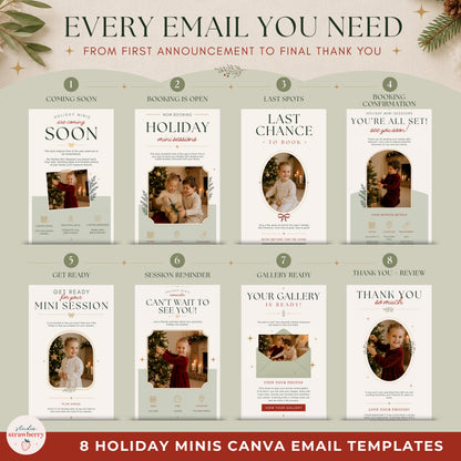 Complete set of Christmas mini session email templates covering the photographer's client journey from announcement to final thank you.