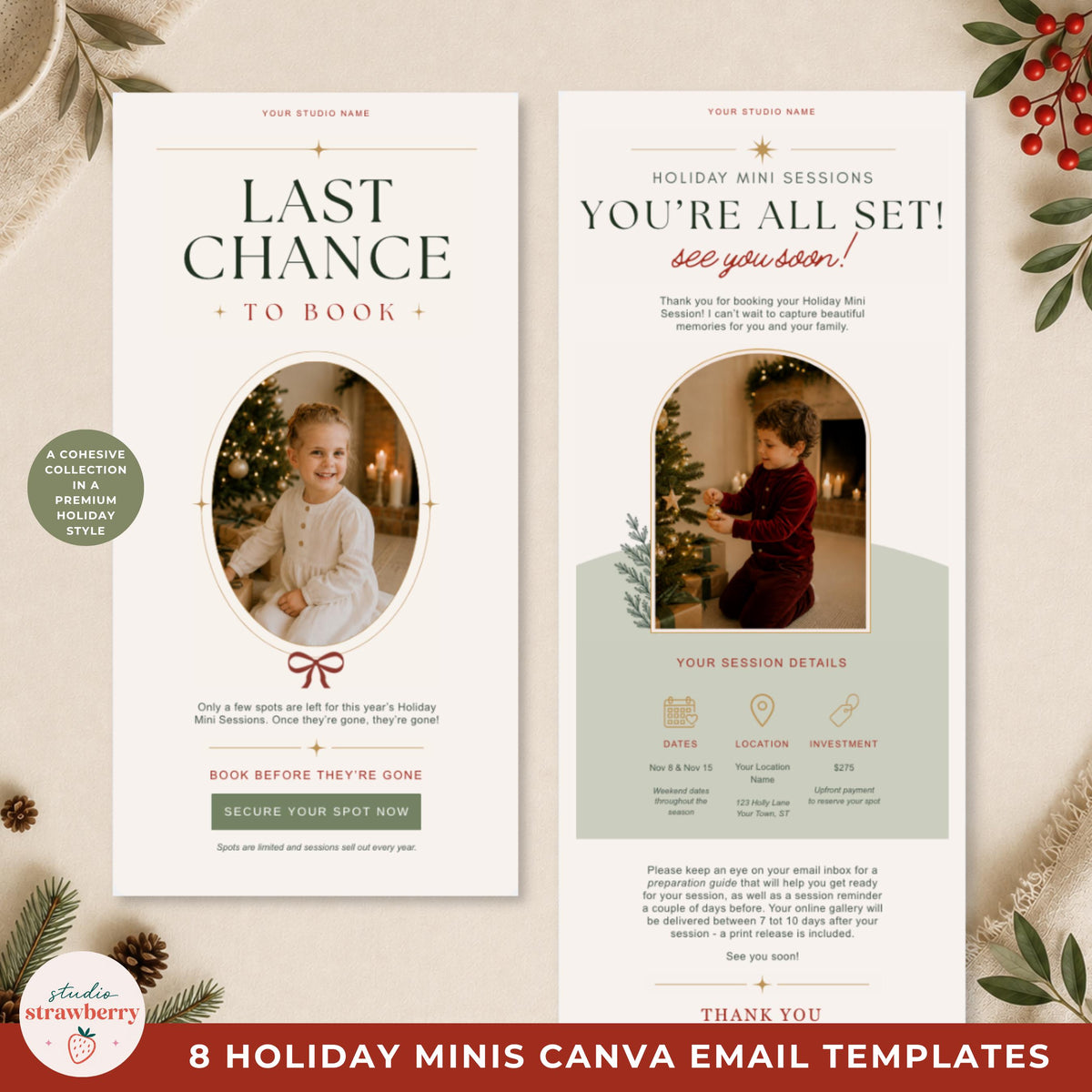 Close-up of an editable photography mini session email template with holiday photography, session information and a booking button.
