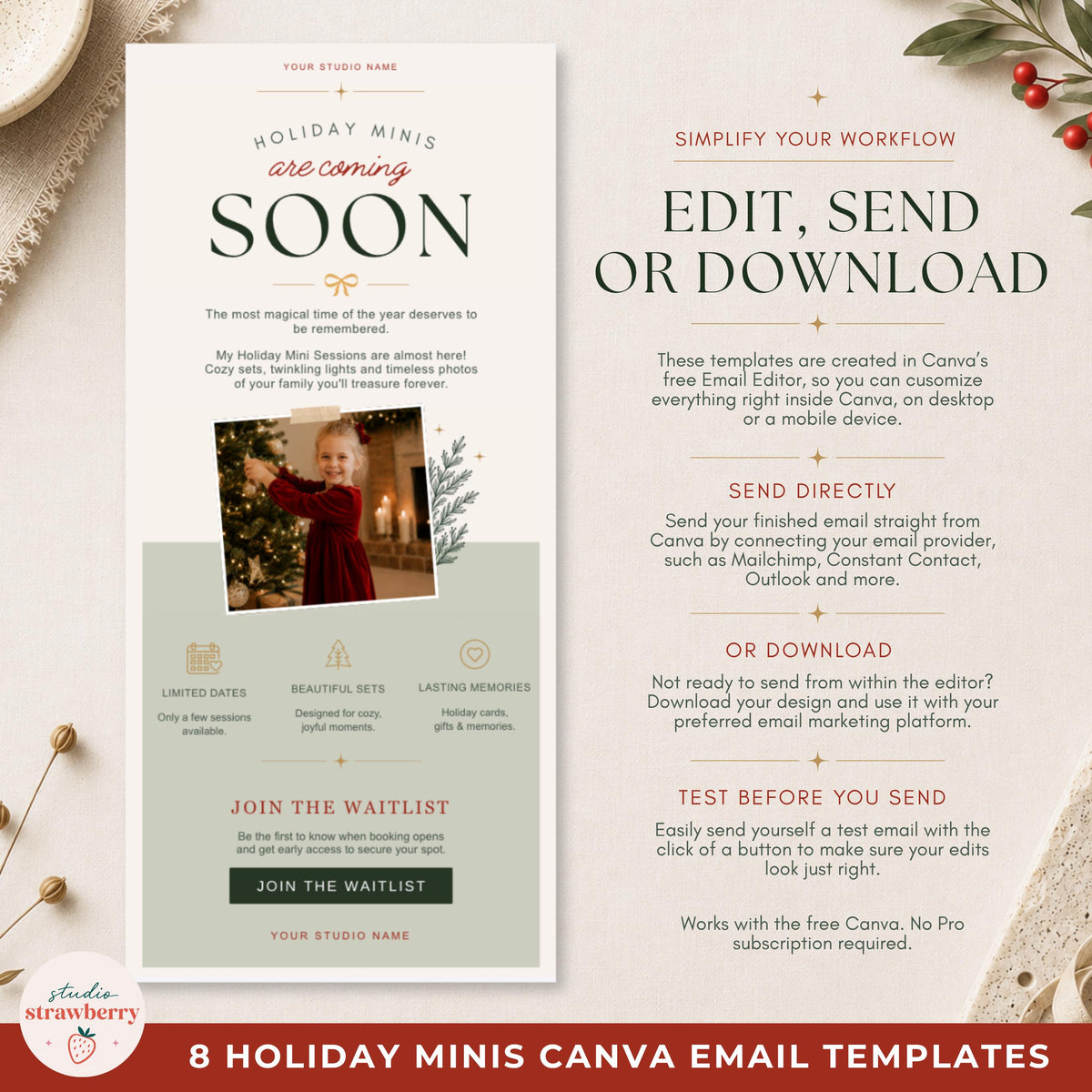 Detailed preview of holiday email templates for photographers with editable typography, photos, buttons and colors.