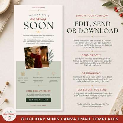 Detailed preview of holiday email templates for photographers with editable typography, photos, buttons and colors.