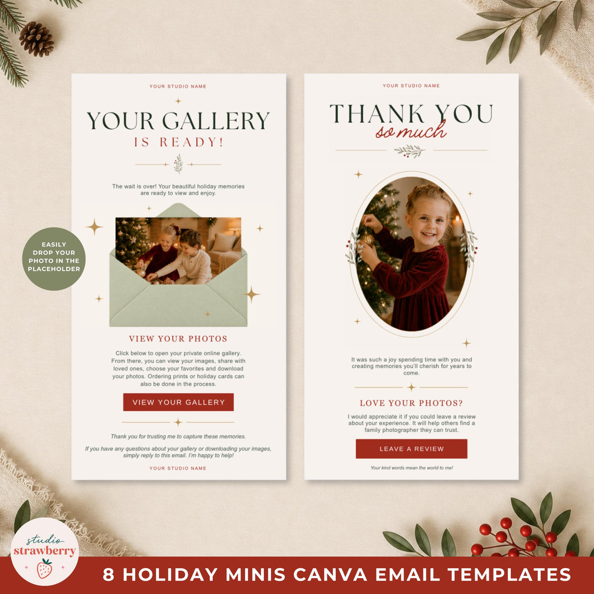 Gallery delivery and thank-you designs from the Christmas email templates for photographers collection.