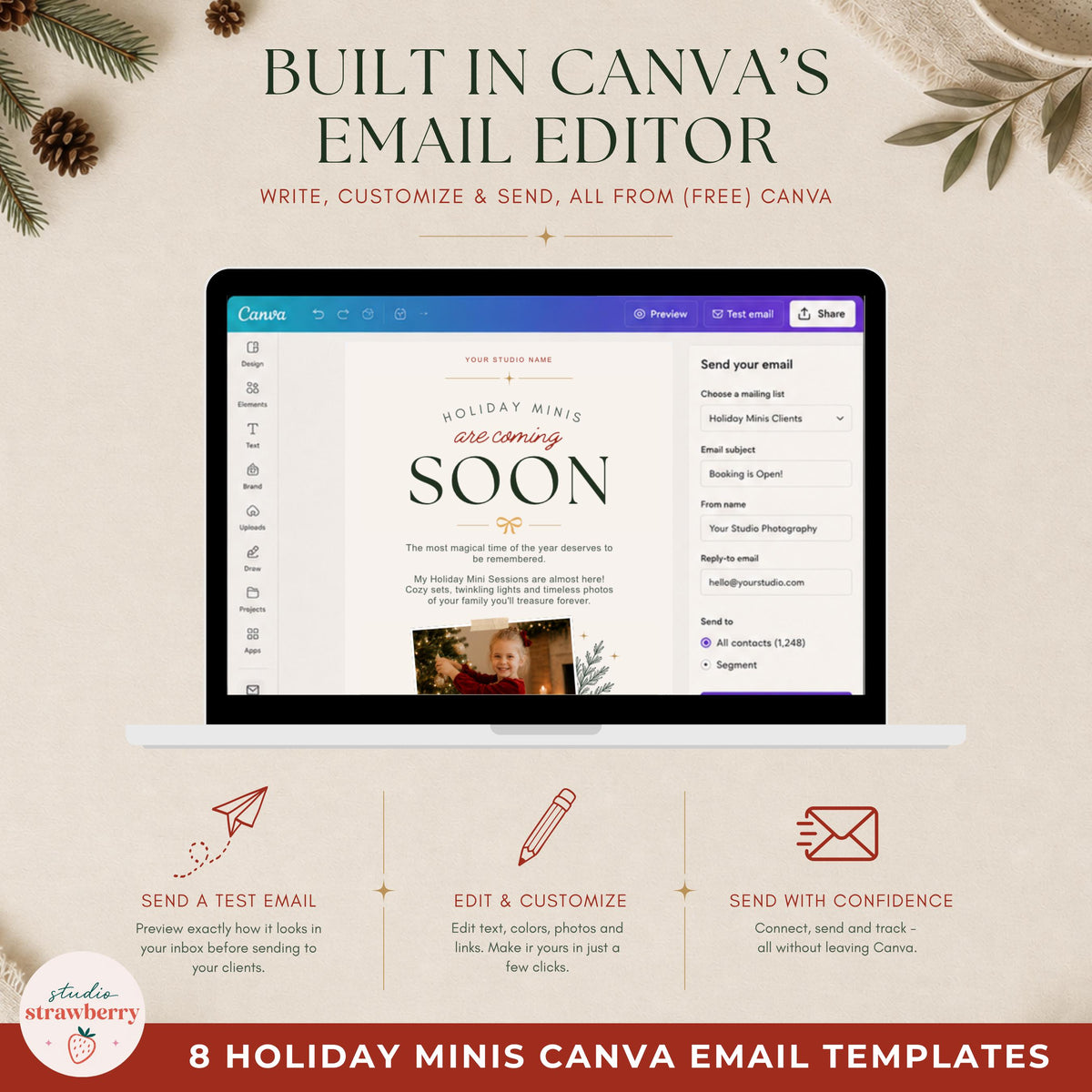 Coordinated Christmas mini session Canva templates with editable holiday photography, text and sage green details.