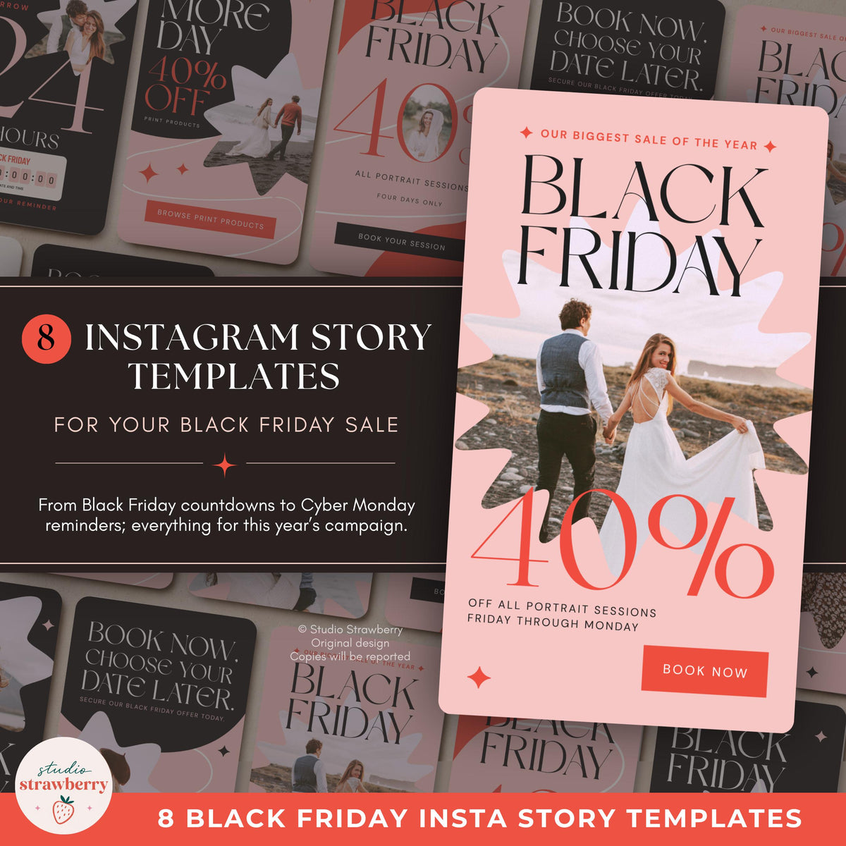 Overview of Black Friday Instagram Story Templates for Photographers in a cohesive charcoal, ivory, blush, and coral palette.