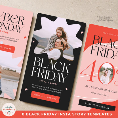Cyber Monday Canva Template for Photographers with oversized typography, star graphics, photo placeholder, and action button.