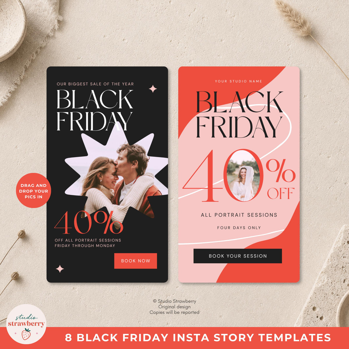 Black Friday Marketing Template for Photographers with a soft blush background, family photo area, elegant serif type, and space for custom offer details.