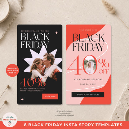 Black Friday Marketing Template for Photographers with a soft blush background, family photo area, elegant serif type, and space for custom offer details.
