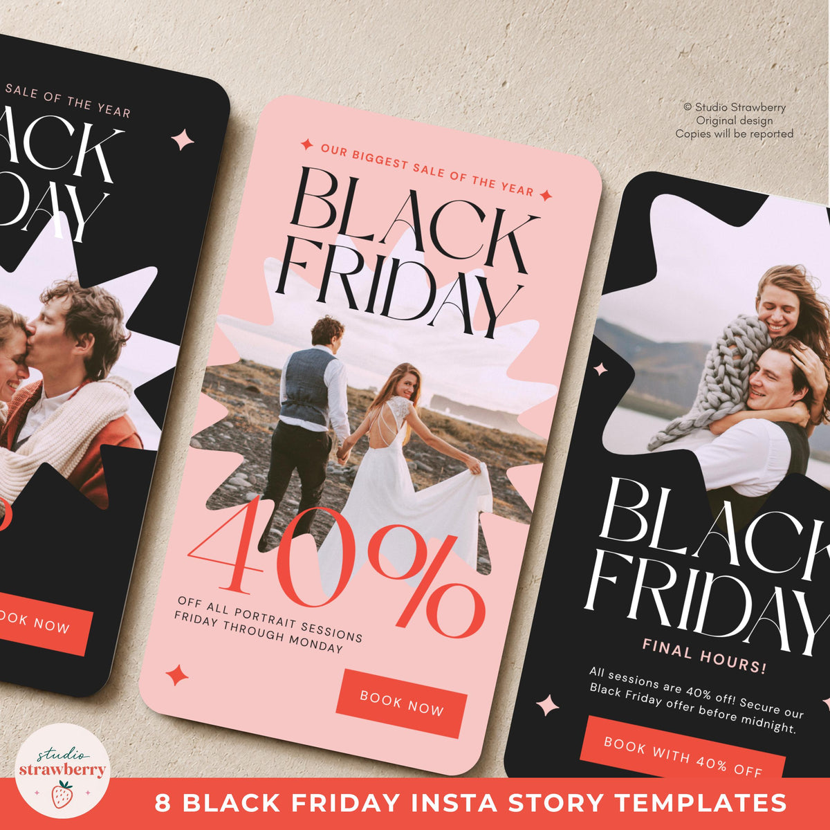 Black Friday Sale Stories for Photographers with a booking reminder layout, organic curved line, portrait photo placeholder, and simple action area.