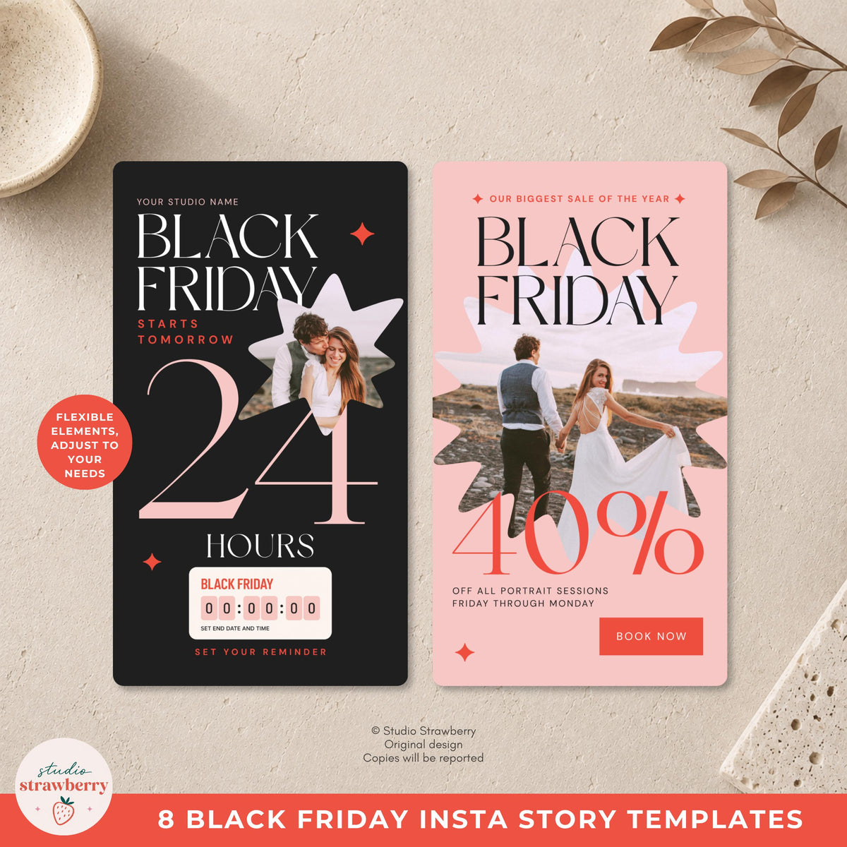 Black Friday Sale Template for Photographers with an editorial dark layout, couple photo placeholder, bold percentage typography, and coral call to action.