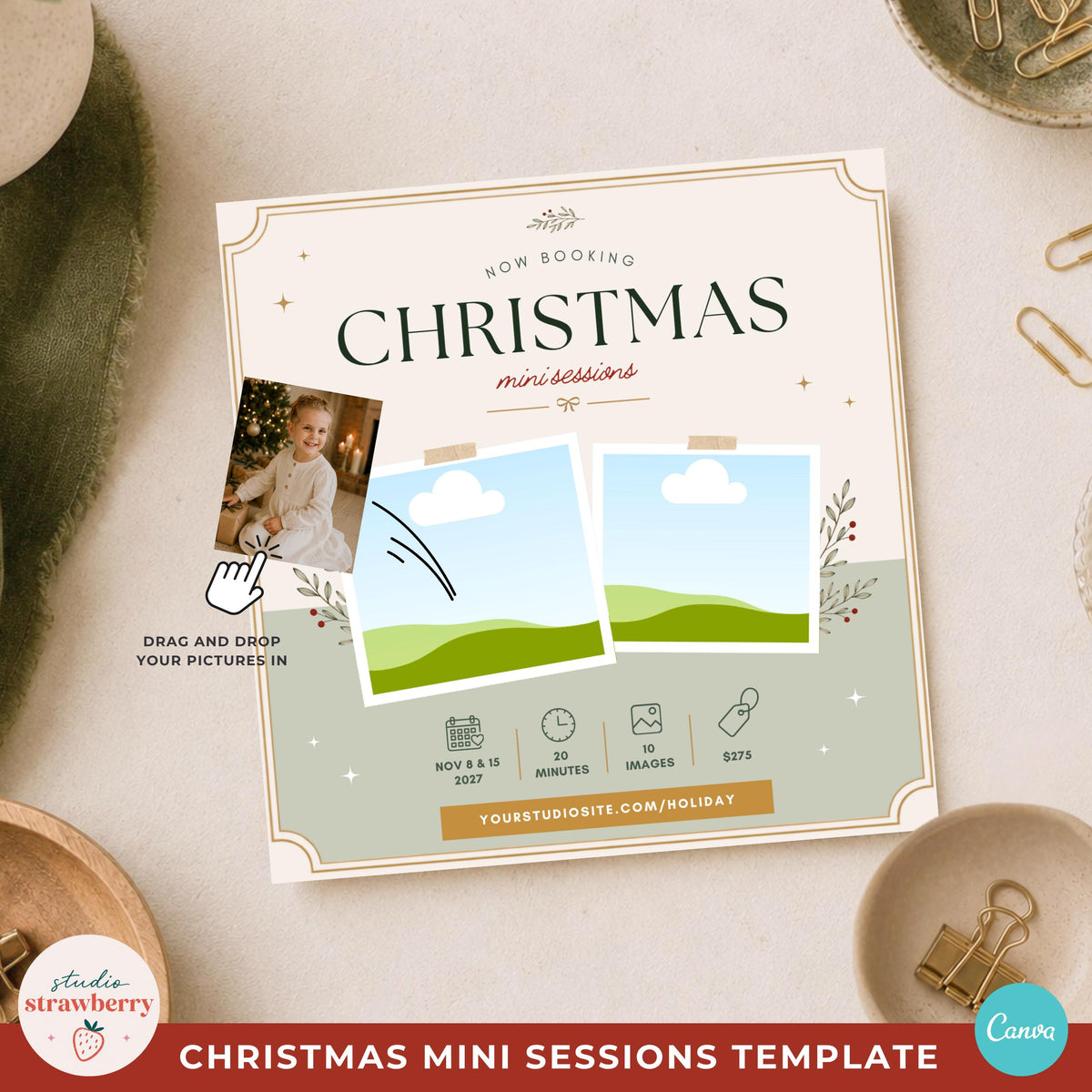Christmas mini session Canva template with editable text, photos, background colors and session details for photographer marketing.