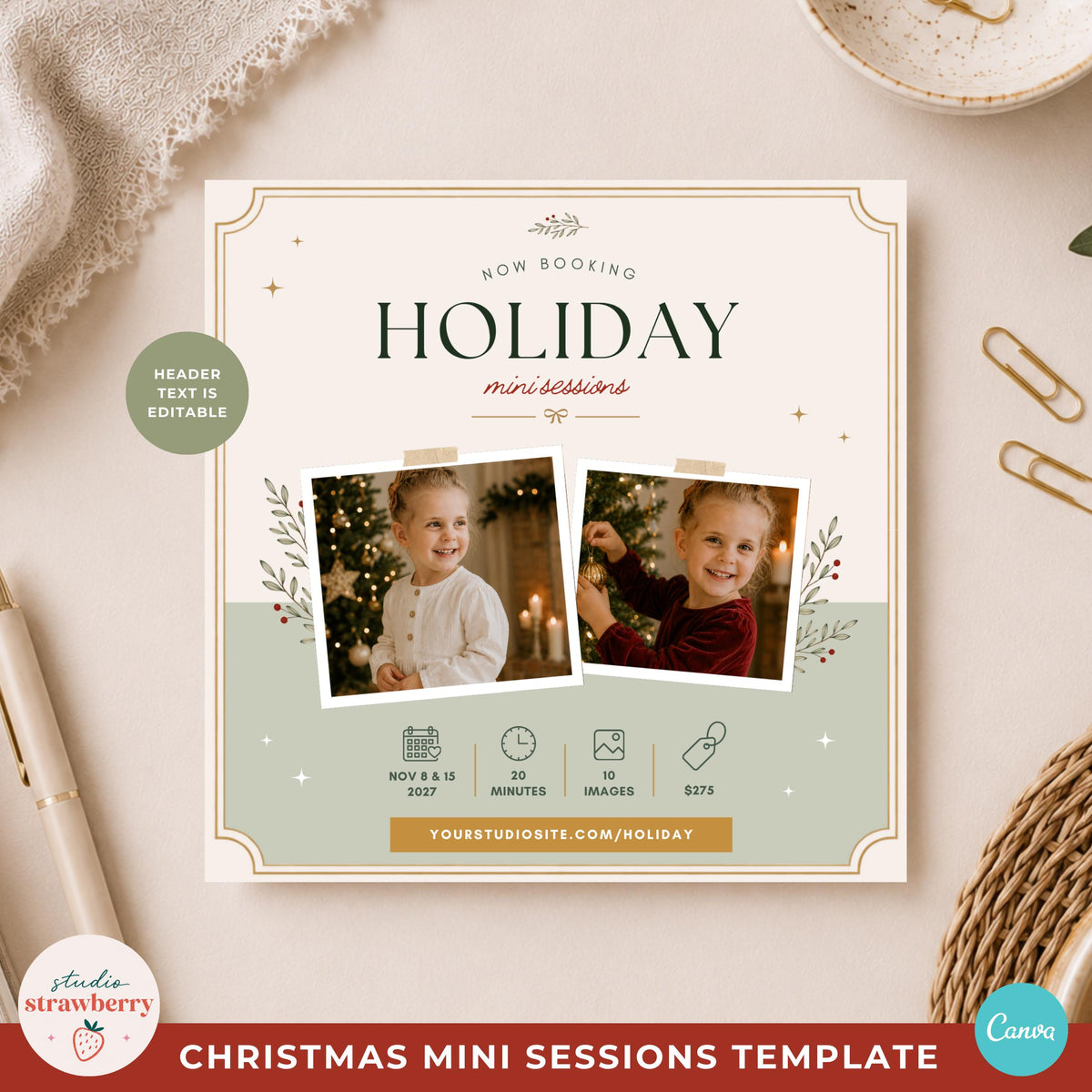 Holiday mini session template variation showing how the editable Canva headline can be changed from Christmas to Holiday mini sessions.