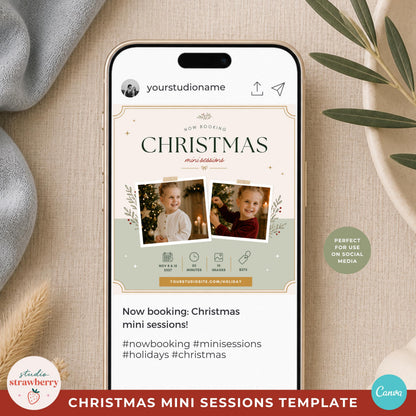 Christmas mini session Instagram template displayed on a phone as a social media post for promoting photography sessions.