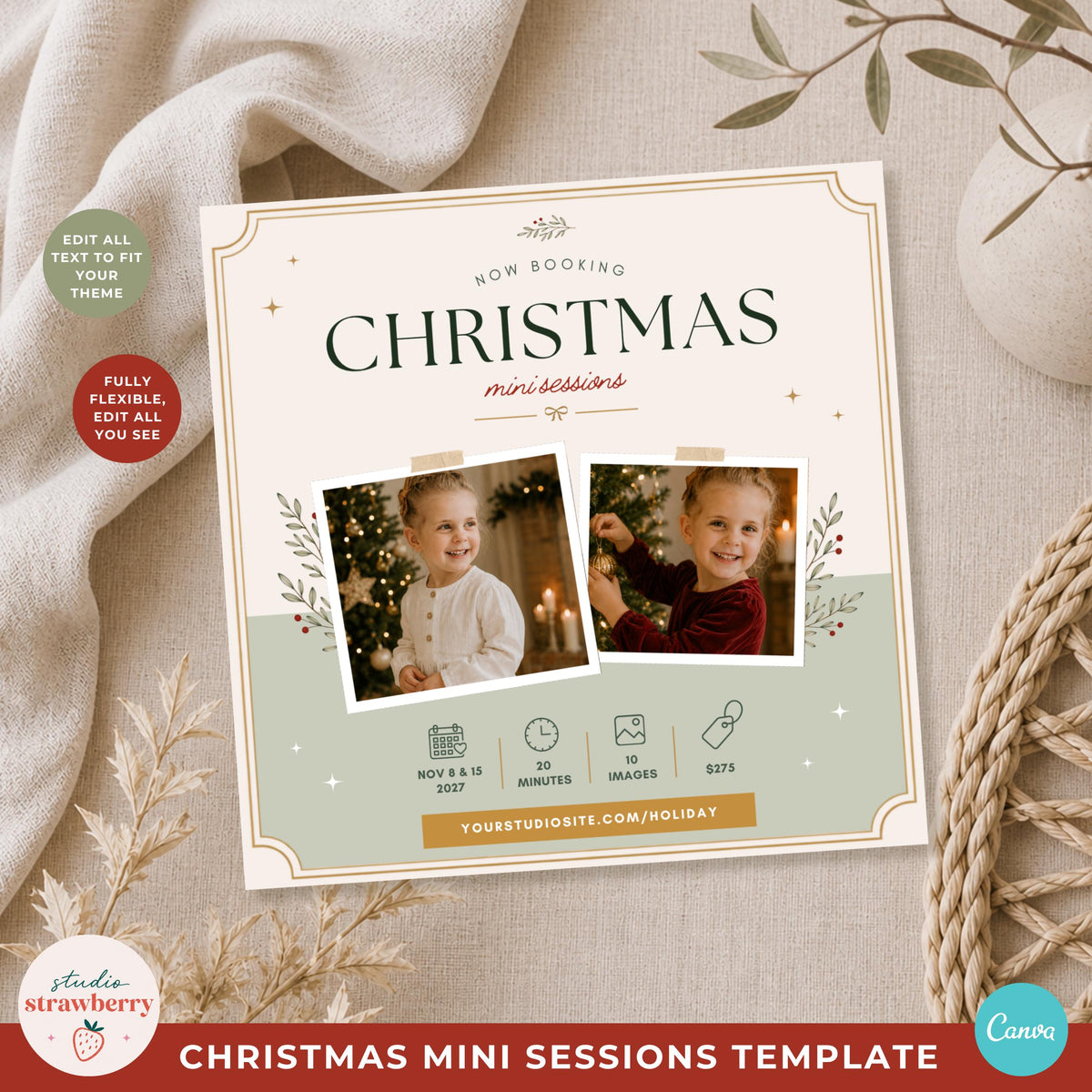 Editable Christmas mini session template for photographers shown in a styled square marketing board mockup with Christmas photography.