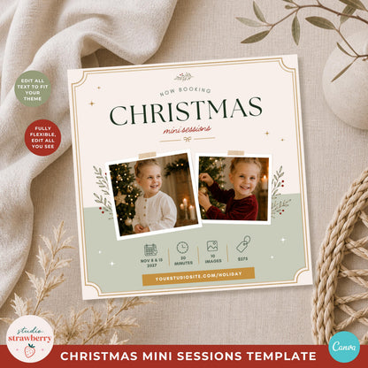 Editable Christmas mini session template for photographers shown in a styled square marketing board mockup with Christmas photography.