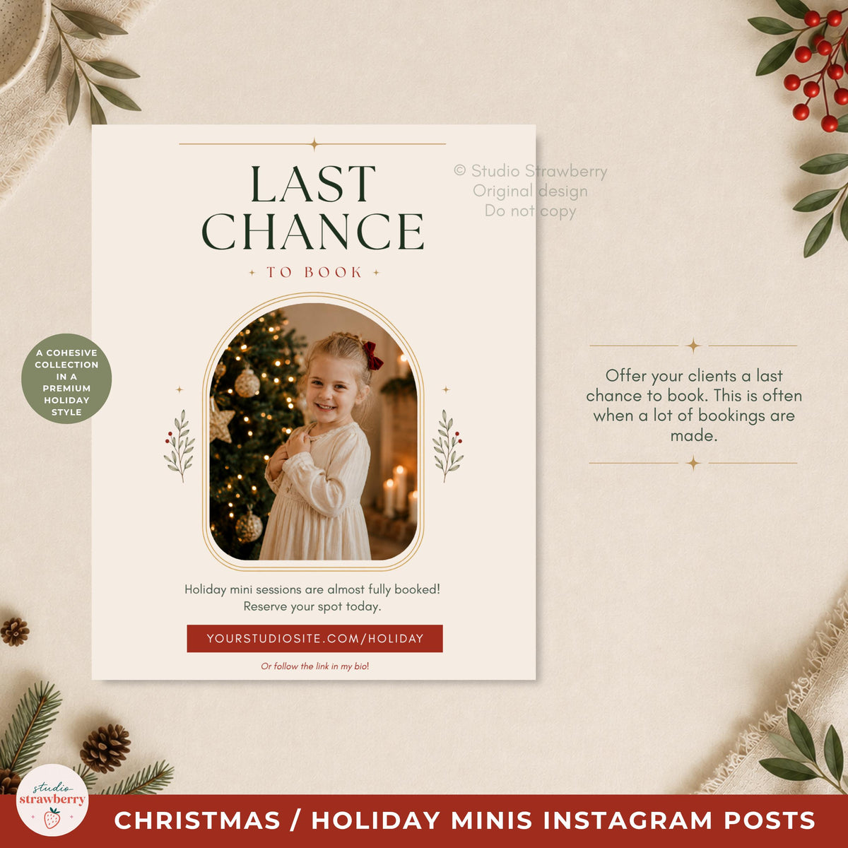 Detailed preview of a Christmas photography marketing template with elegant seasonal typography and an editable client photo.