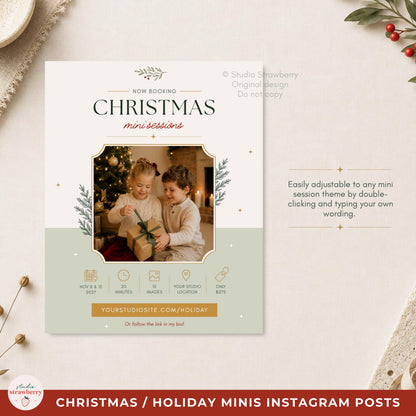 Christmas mini session Canva template for photographers featuring an editable photo area, session information and customizable colors.